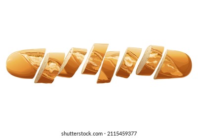 Vector Pieces of sliced baguette. White long loaf French baked bread. Slices and crumbs. Logo, icon. Sketch realistic line vintage illustration. Top view