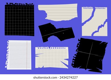 Piezas vectoriales de hoja de papel de cuaderno rasgado en jaula, línea y envejecido blanco y negro 