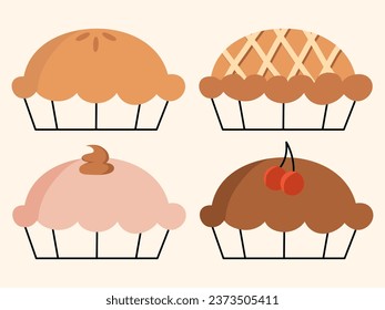 Vector pies illustration thanksgiving and holiday pumpkin pie. Various happy thanksgiving day traditional pumpkin pie