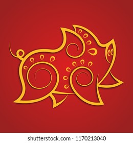 Vector pig animal line abstract zodiac chinese ornament paper realistic with shadow