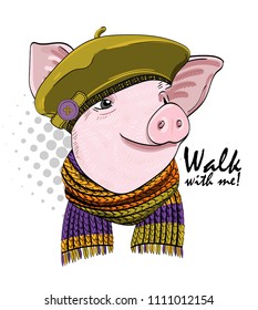 Vector pig with beret and knitted scarf. Hand drawn illustration of dressed piggy.