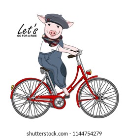 Vector pig with a bike. Hand drawn illustration of dressed piggy. 