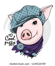 Vector pig with blue cap and violet scarf. Hand drawn illustration of dressed piggy.