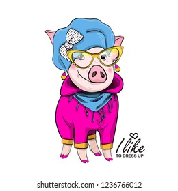 Vector pig with blue hat, pink overalls, bow, blue scarf and glasses. Hand drawn illustration of dressed piggy. Fashion pig-girl.