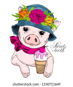 Vector pig with blue hat, wreath and  ice cream. Hand drawn illustration of dressed piggy. 