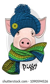 Vector pig with blue knitted hat and scarf. Hand drawn illustration of dressed piggy.