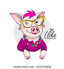Vector pig with bow, dress, necklace and glasses. Hand drawn illustration of dressed piggy. Fashion pig-girl.