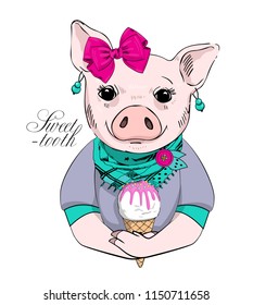 Vector pig with bow and  ice cream. Hand drawn illustration of dressed piggy. 