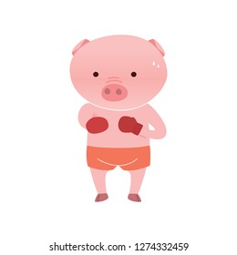 Vector pig cartoon character boxing  isolated on white background. Cartoon emotions