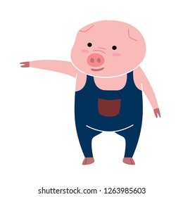 Vector pig cartoon character in hand pointing poses isolated on white background.