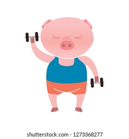 Vector pig cartoon character is lifting weights isolated on white background. Cartoon emotions