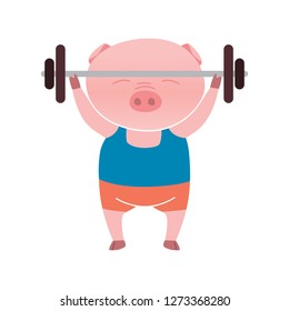 Vector pig cartoon character is lifting weights isolated on white background. Cartoon emotions