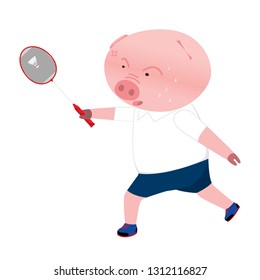 Vector pig cartoon character playing badminton isolated on white background. Cartoon emotions