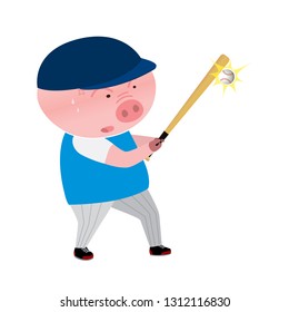 Vector pig cartoon character playing baseball isolated on white background. Cartoon emotions