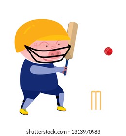 Vector pig cartoon character playing cricket isolated on white background. Cartoon emotions