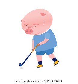Vector pig cartoon character playing field hockey game isolated on white background. Cartoon emotions