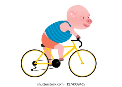Vector pig cartoon character riding bicycle isolated on white background. Cartoon emotions