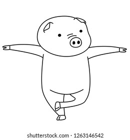 Vector pig cartoon character in standing on one leg poses with line art style isolated on white background.