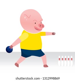 Vector pig cartoon character throwing bowling ball isolated on white background. Cartoon emotions
