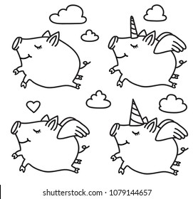 Vector pig cartoons, black silhouettes isolated on white.