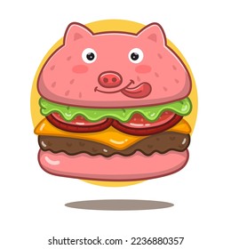 vector pig cheese burger cartoon illustration. flat cartoon style