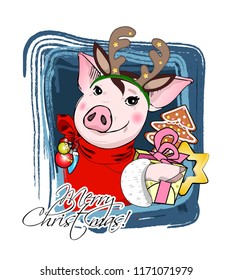 Vector pig with christmas horns of a deer and red scarf. Hand drawn illustration of dressed piggy with Christmas gingerbread, presents and spruce. Merry Christmas.