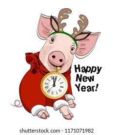 Vector pig with christmas horns of a deer and red scarf. Hand drawn illustration of dressed piggy with watch. Happy New Year.