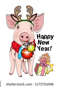 Vector pig with christmas horns of a deer. Hand drawn illustration of dressed piggy with red christmas ball and presents. Happy New Year. 