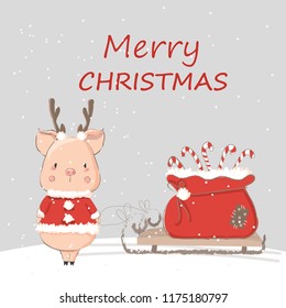 Vector pig with christmas horns of a deer. Hand drawn illustration of dressed piggy with red christmas ball and tinsel. Merry Christmas.