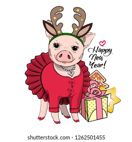 Vector pig with christmas horns of a deer and red dress. Hand drawn illustration of dressed piggy with presents. Merry Christmas. Happy new year.