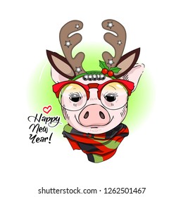 Vector pig with christmas horns of a deer. Hand drawn illustration of dressed piggy with red glasses. Merry Christmas. Happy new year.