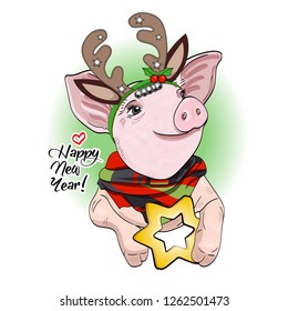 Vector pig with christmas horns of a deer and star. Hand drawn illustration of dressed piggy with star. Merry Christmas. Happy new year.