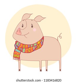 Vector pig with colored knitted scarf. Hand drawn illustration.