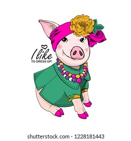 Vector pig with flower, bow, necklace and green dress. Hand drawn illustration of dressed piggy. Fashion pig-girl.