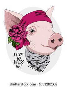 Vector pig with flower. Hand drawn illustration of dressed piggy.
