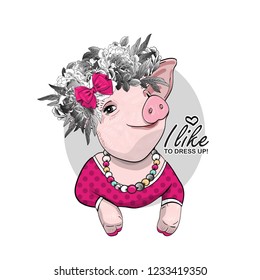 Vector pig with flower wreath, bow, necklace and dress. Hand drawn illustration of dressed piggy. Fashion pig-girl.