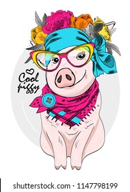Vector pig with flower wreath, glasses and scarf. Hand drawn illustration of dressed piggy.