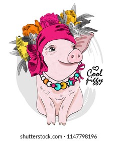 Vector pig with flower wreath, necklace and headband. Hand drawn illustration of dressed piggy.