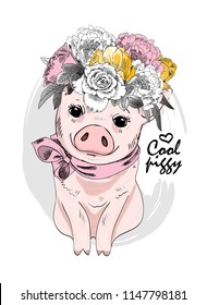 Vector pig with flower wreath and pink neck scarf. Hand drawn illustration of dressed piggy.