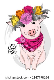 Vector pig with flower wreath and pink scarf. Hand drawn illustration of dressed piggy.