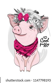 Vector pig with flower wreath, pink bow and scarf. Hand drawn illustration of dressed piggy.