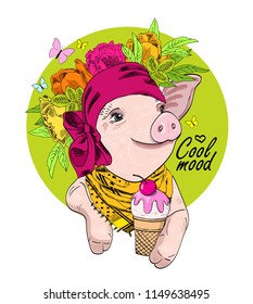 Vector pig with flower wreath, pink headband, butterfly and  ice cream. Hand drawn illustration of dressed piggy. 