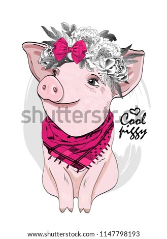 Vector pig with flower wreath, pink bow and scarf. Hand drawn illustration of dressed piggy.