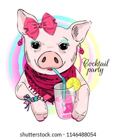 Vector pig with a glass and bow. Hand drawn illustration of dressed piggy. Pig and cocktail. Pig and cocktail. Cocktail party.