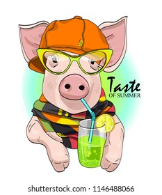 Vector pig with a glass, glasses and orange cap. Hand drawn illustration of dressed piggy. Pig and cocktail. Pig and cocktail. Cocktail party.