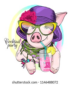 Vector pig with a glass, glasses and violet hat with flower. Hand drawn illustration of dressed piggy. Pig and cocktail. Pig and cocktail. Cocktail party.