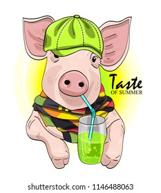 Vector pig with a glass and green cap. Hand drawn illustration of dressed piggy. Pig and cocktail. Cocktail party.