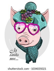 Vector pig with glasses, blue knitted hat and scarf. Hand drawn illustration of dressed piggy. 