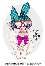 Vector pig with glasses and bow. Hand drawn illustration of dressed piggy.
