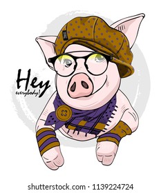 Vector pig with glasses, cap and scarf. Hand drawn illustration of dressed piggy.